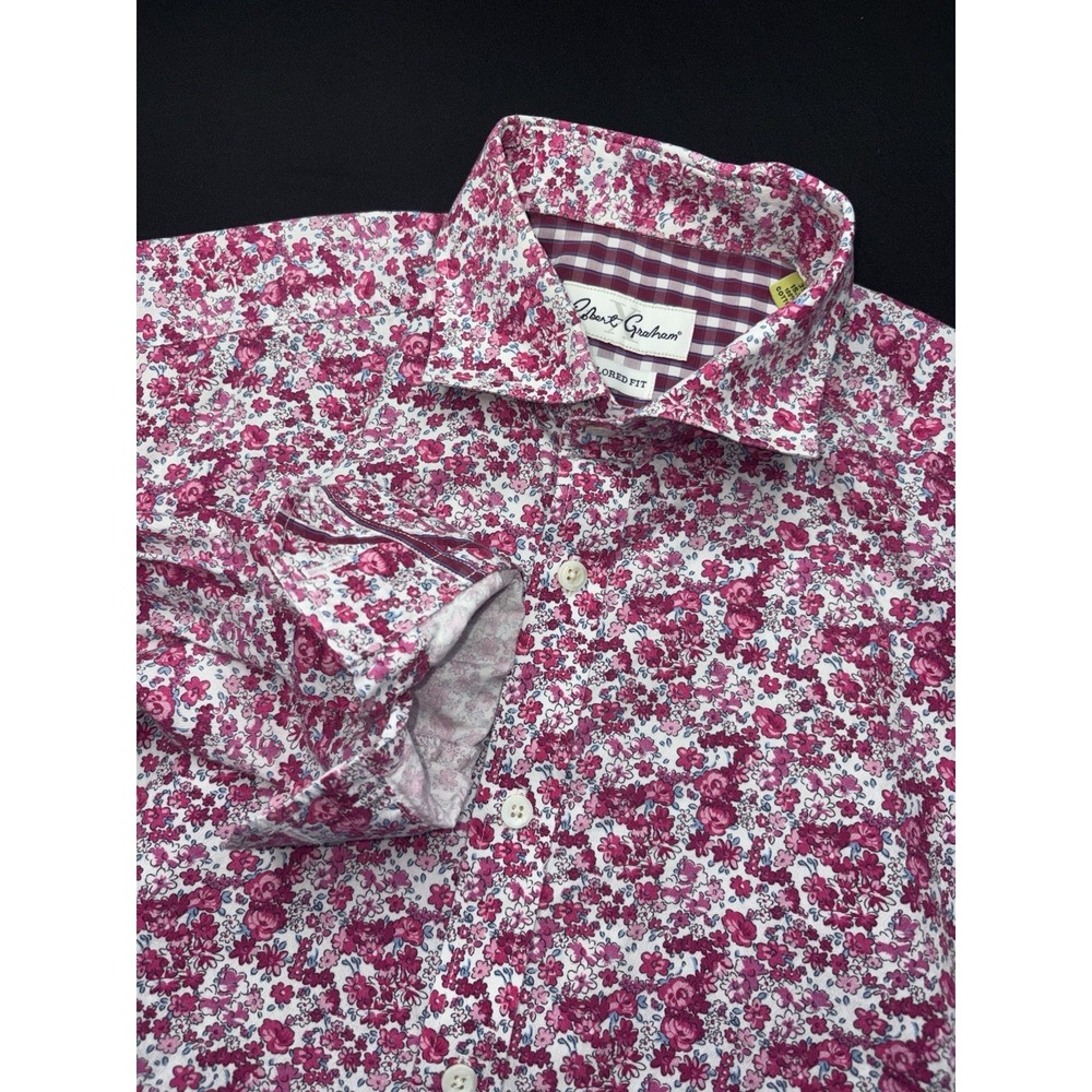 Robert Graham Pink Floral Tailored Fit Size Large Flip Cuff 15" Neck * Read